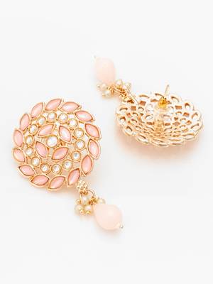  gold plated pink stone stud drop earrings with bead accent 4