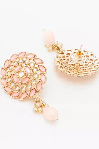  gold plated pink stone stud drop earrings with bead accent