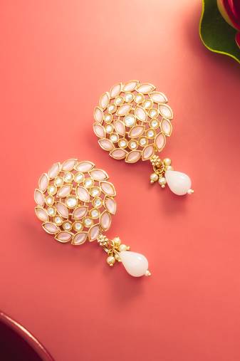  gold plated pink stone stud drop earrings with bead accent