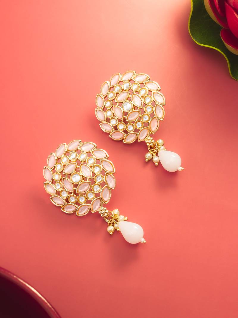  gold plated pink stone stud drop earrings with bead accent