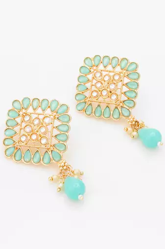  gold plated mint green geometric stud drop earrings