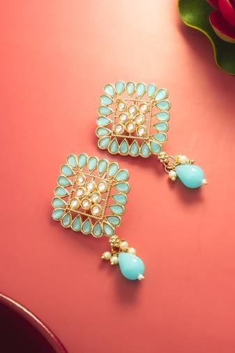  gold plated mint green geometric stud drop earrings
