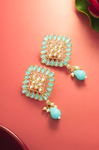  gold plated mint green geometric stud drop earrings