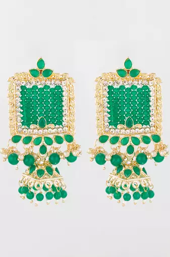  gold plated green stone heavy chandlier jhumka earrings