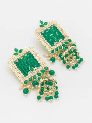  gold plated green stone heavy chandlier jhumka earrings 3