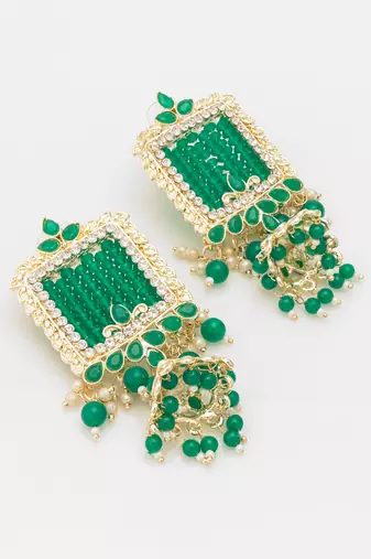  gold plated green stone heavy chandlier jhumka earrings