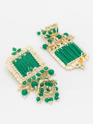  gold plated green stone heavy chandlier jhumka earrings 4