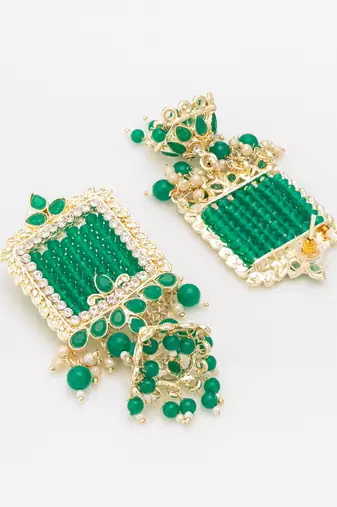  gold plated green stone heavy chandlier jhumka earrings