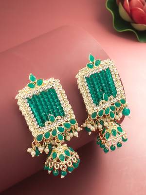  gold plated green stone heavy chandlier jhumka earrings 1