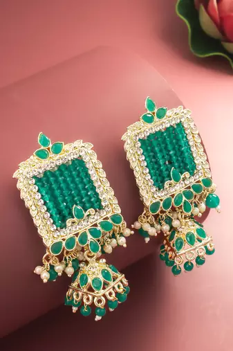  gold plated green stone heavy chandlier jhumka earrings