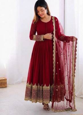 Women's faux georgette embroidered sequence work gown with net dupatta ready to wear 1