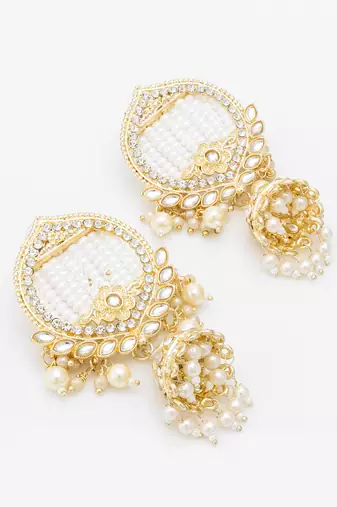  gold plated white stone chandelier jhumka earrings