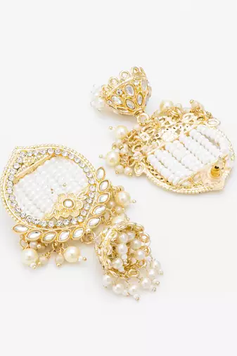  gold plated white stone chandelier jhumka earrings