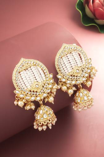  gold plated white stone chandelier jhumka earrings