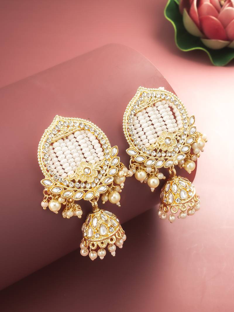  gold plated white stone chandelier jhumka earrings