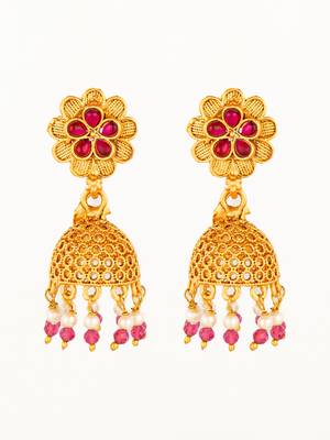  gold plated floral jhumka earrings with pink stone accents 2