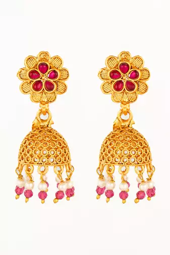  gold plated floral jhumka earrings with pink stone accents