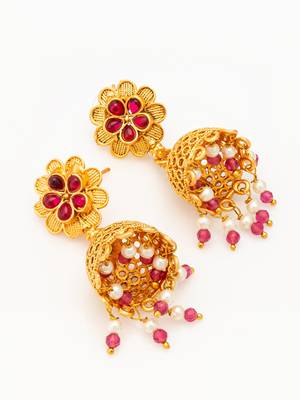  gold plated floral jhumka earrings with pink stone accents 3