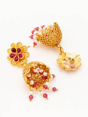  gold plated floral jhumka earrings with pink stone accents 4
