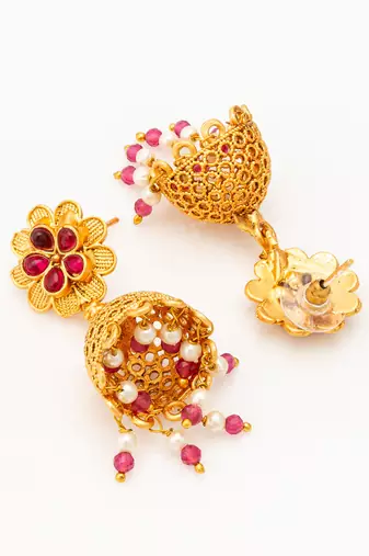  gold plated floral jhumka earrings with pink stone accents