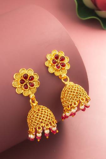  gold plated floral jhumka earrings with pink stone accents