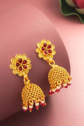  gold plated floral jhumka earrings with pink stone accents