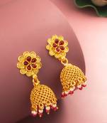  gold plated floral jhumka earrings with pink stone accents