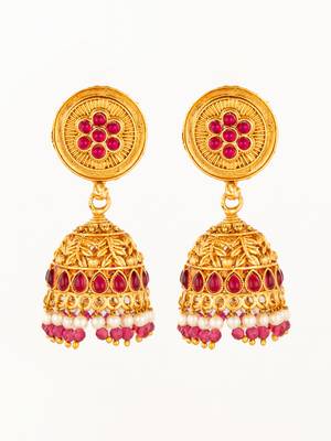  traditional gold plated pink stone jhumka earrings 2