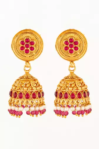  traditional gold plated pink stone jhumka earrings