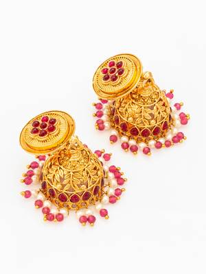  traditional gold plated pink stone jhumka earrings 3
