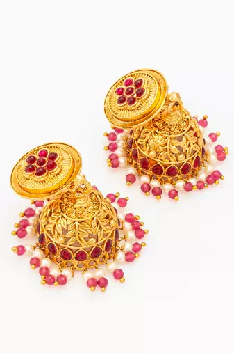  traditional gold plated pink stone jhumka earrings