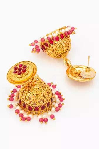  traditional gold plated pink stone jhumka earrings