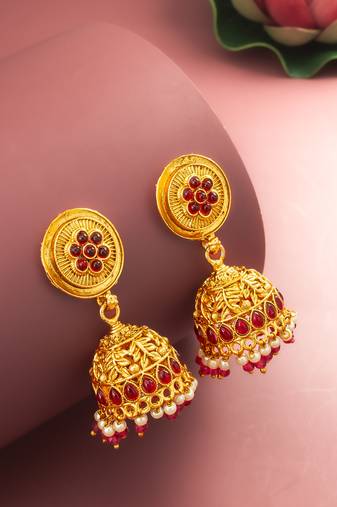  traditional gold plated pink stone jhumka earrings