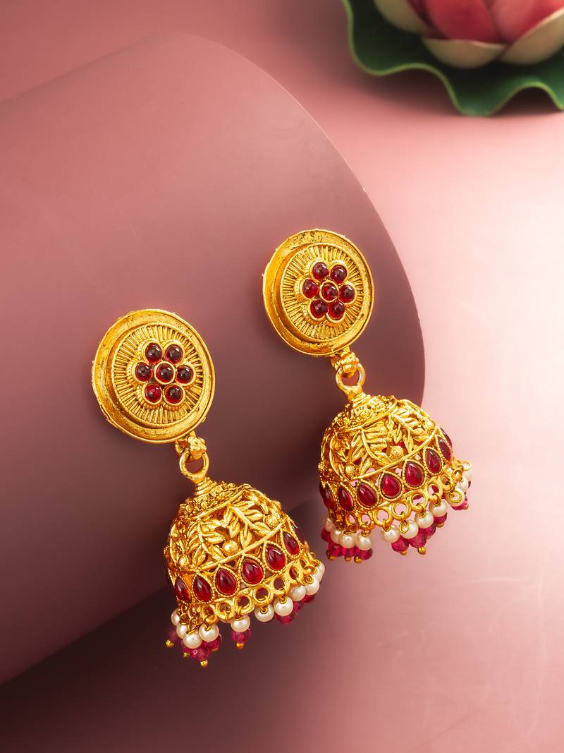  traditional gold plated pink stone jhumka earrings