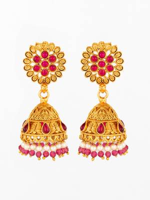  floral motif gold plated pink stone jhumka earrings 2