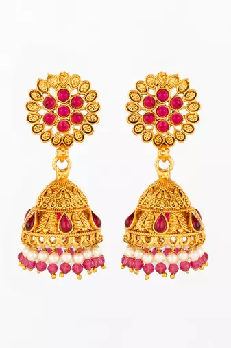  floral motif gold plated pink stone jhumka earrings