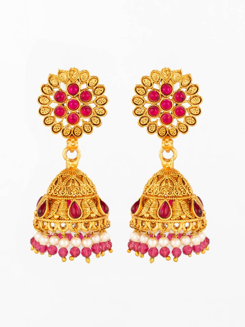  floral motif gold plated pink stone jhumka earrings