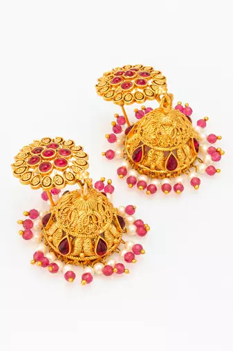  floral motif gold plated pink stone jhumka earrings