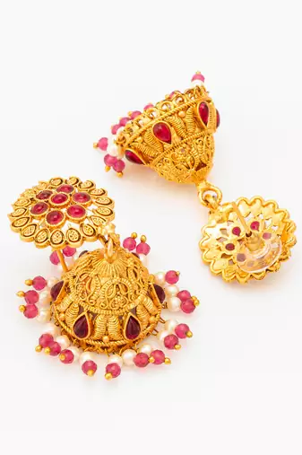  floral motif gold plated pink stone jhumka earrings