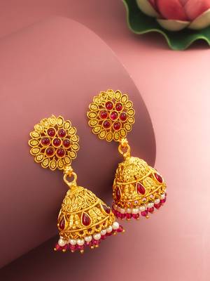  floral motif gold plated pink stone jhumka earrings 1