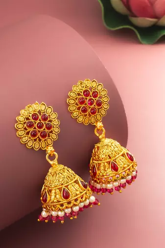  floral motif gold plated pink stone jhumka earrings