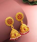  floral motif gold plated pink stone jhumka earrings