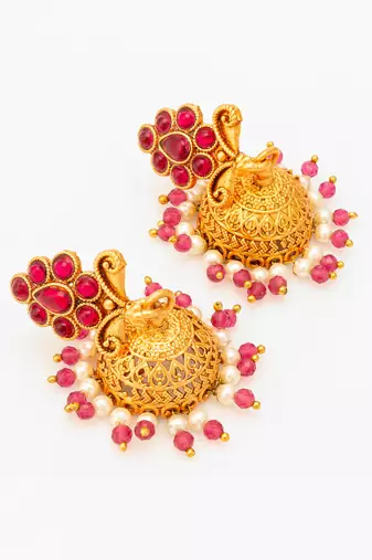  classic gold plated pink stone mini jhumka earrings