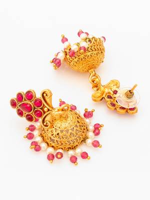  classic gold plated pink stone mini jhumka earrings 4