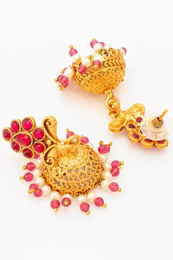  classic gold plated pink stone mini jhumka earrings