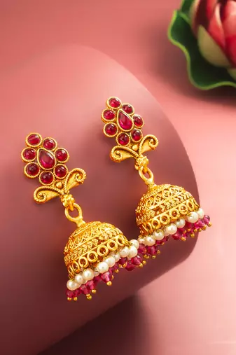  classic gold plated pink stone mini jhumka earrings
