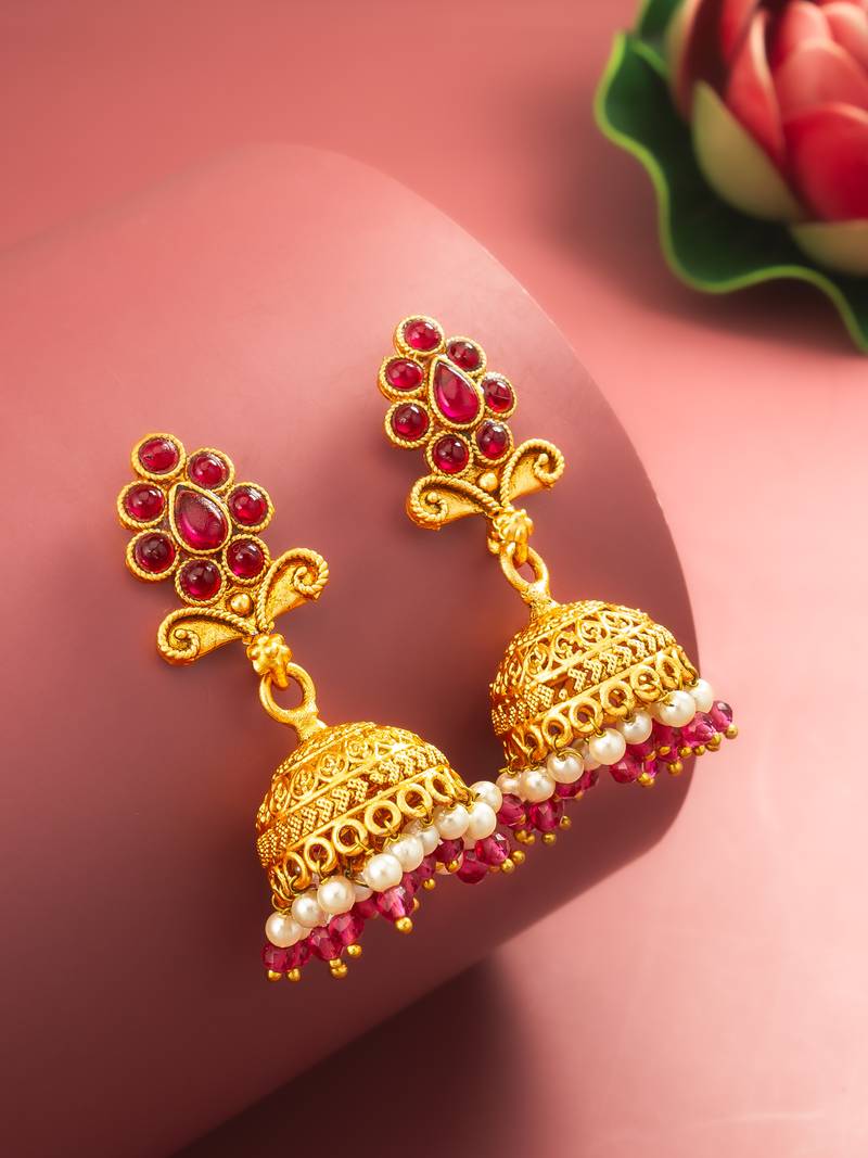 classic gold plated pink stone mini jhumka earrings