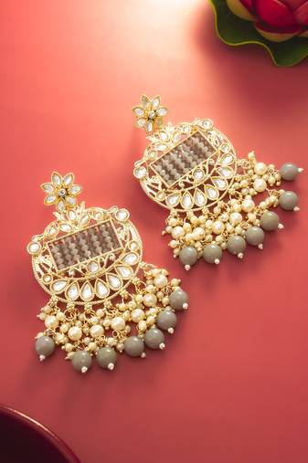  gold plated grey beaded chandelier earrings