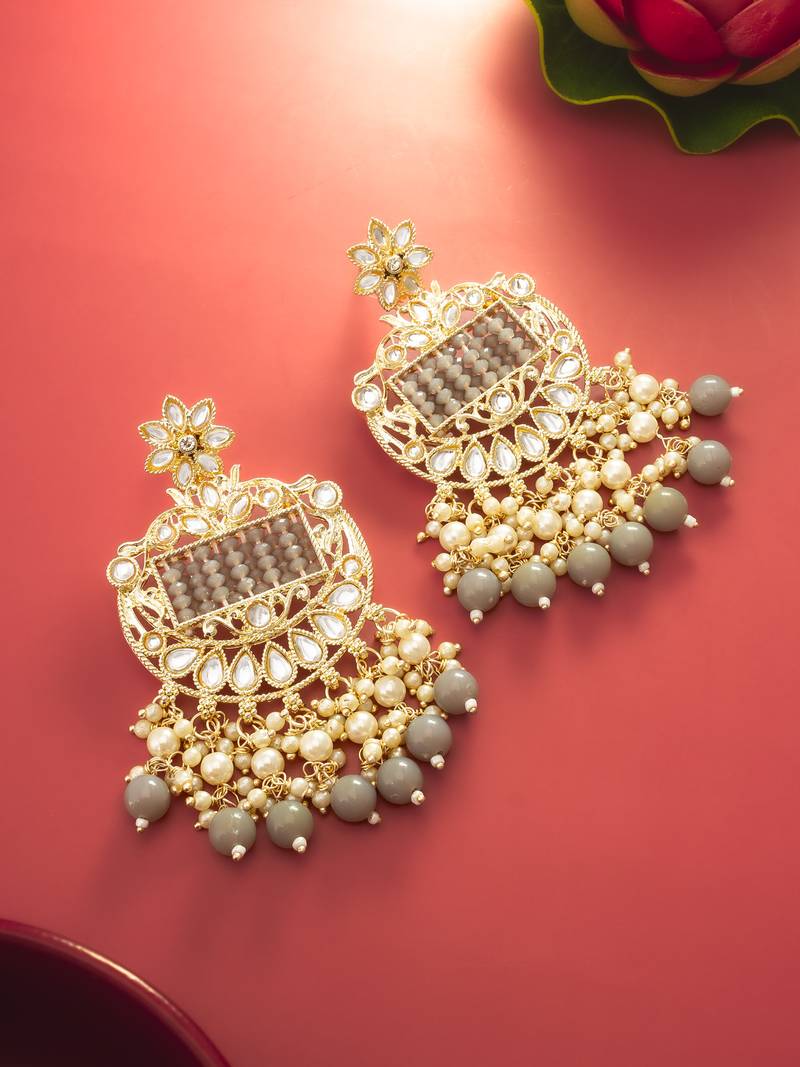  gold plated grey beaded chandelier earrings