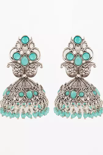  silver plated stone oxidized jhumka earrings